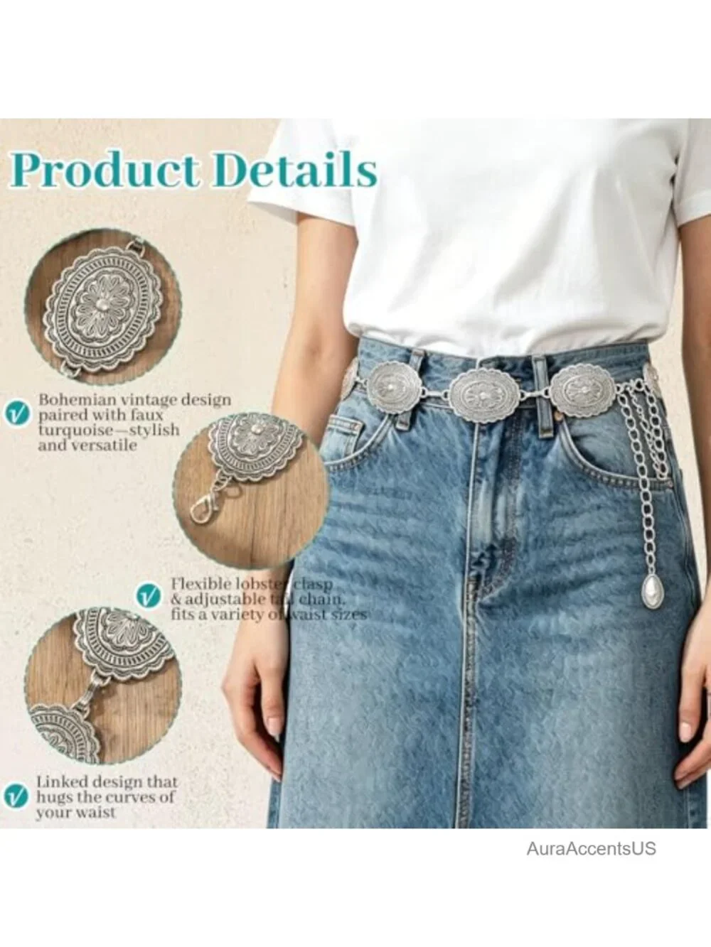 Retro Turquoise Concho Waist Chain Belt, Western Metal Belt, Adjustable for